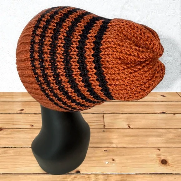 Handmade Knit Off-The-Yak Beanie Unisex Wool Yak Blend Deep Orange w/ Navy Blue - Picture 7 of 10
